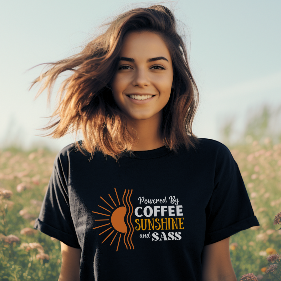 Girl wearing a nature-t-shirt for people that love coffee and sunshine