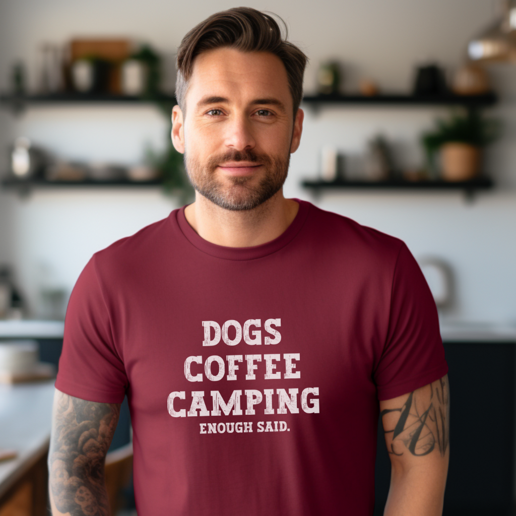 Man wearing an Oakstone Five camping t-shirt for campers who love dogs and coffee