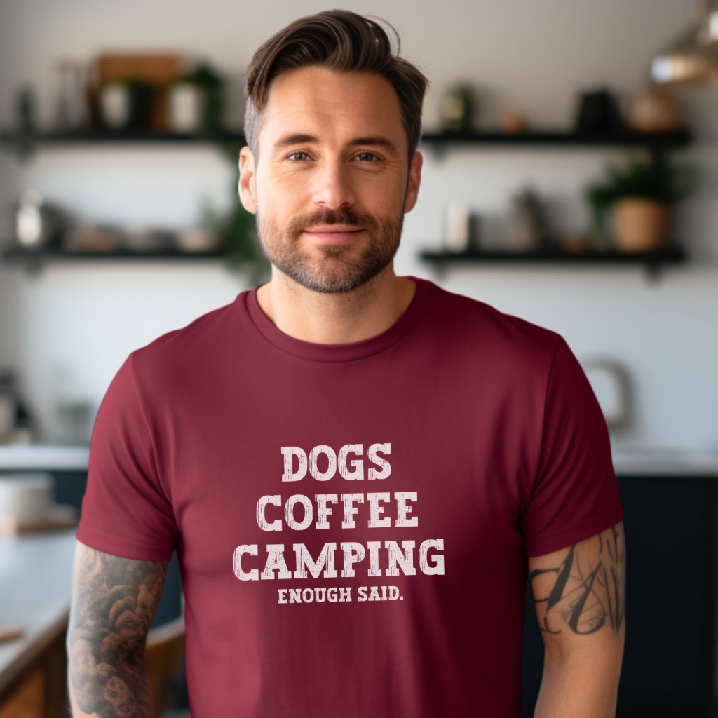 Man wearing a camping t-shirt for campers that love dogs and coffee.