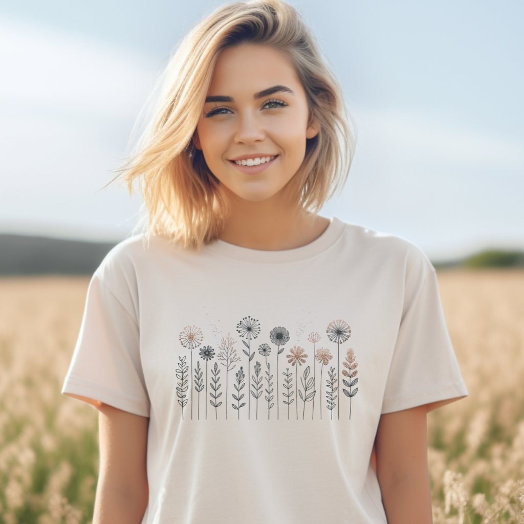 Young woman in a field wearing a wildflower line art nature t-shirt