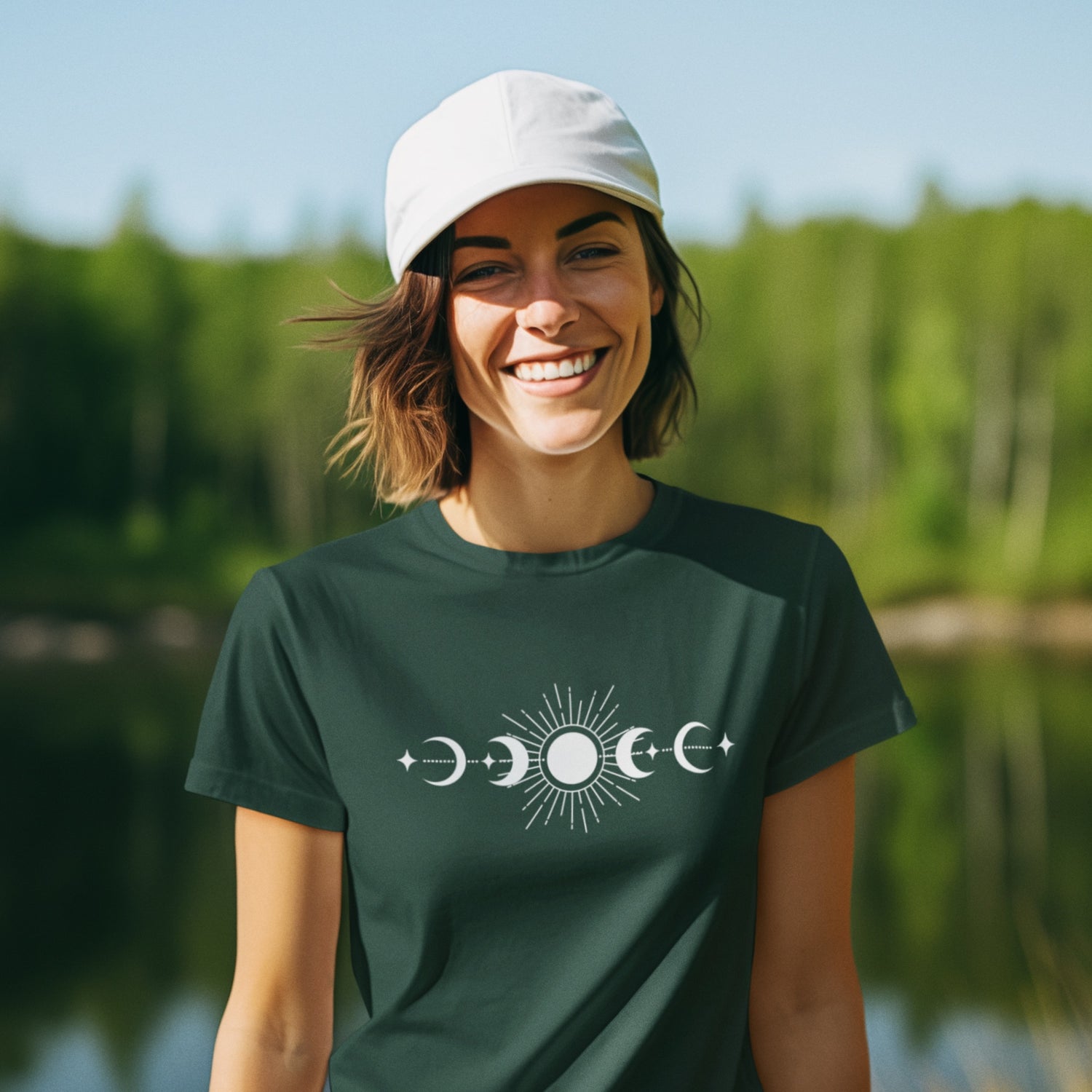 Woman wearing Oakstone Five's Sun and Moon Phases Nature T-shirt