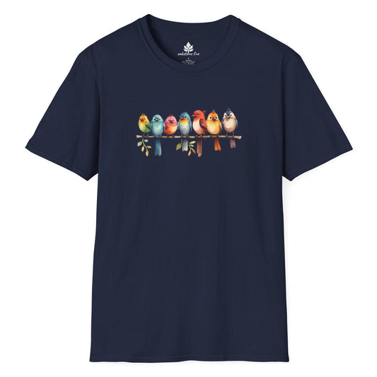 Navy Birdwatcher's T-shirt that has a row of colorful birds sitting on a branch