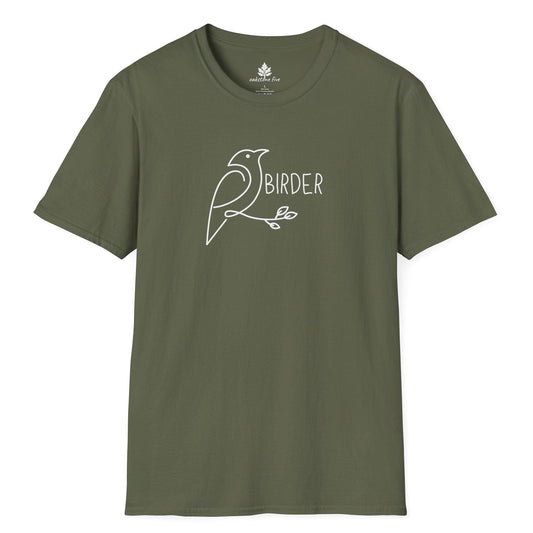 Military Green birdwatching shirt that has a bird design and says Birder