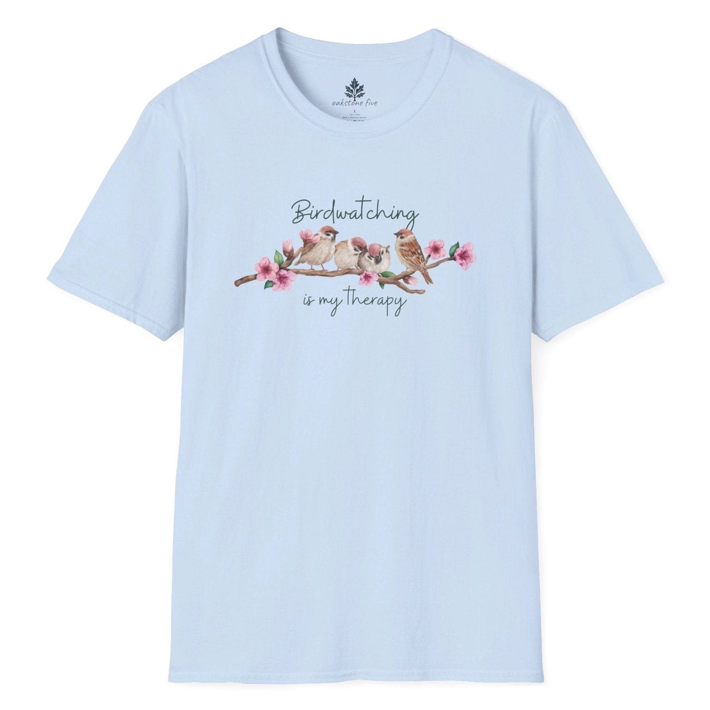 Blue nature t-shirt that says Birdwatching is my therapy