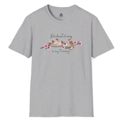 Grey nature t-shirt that says Birdwatching is my therapy