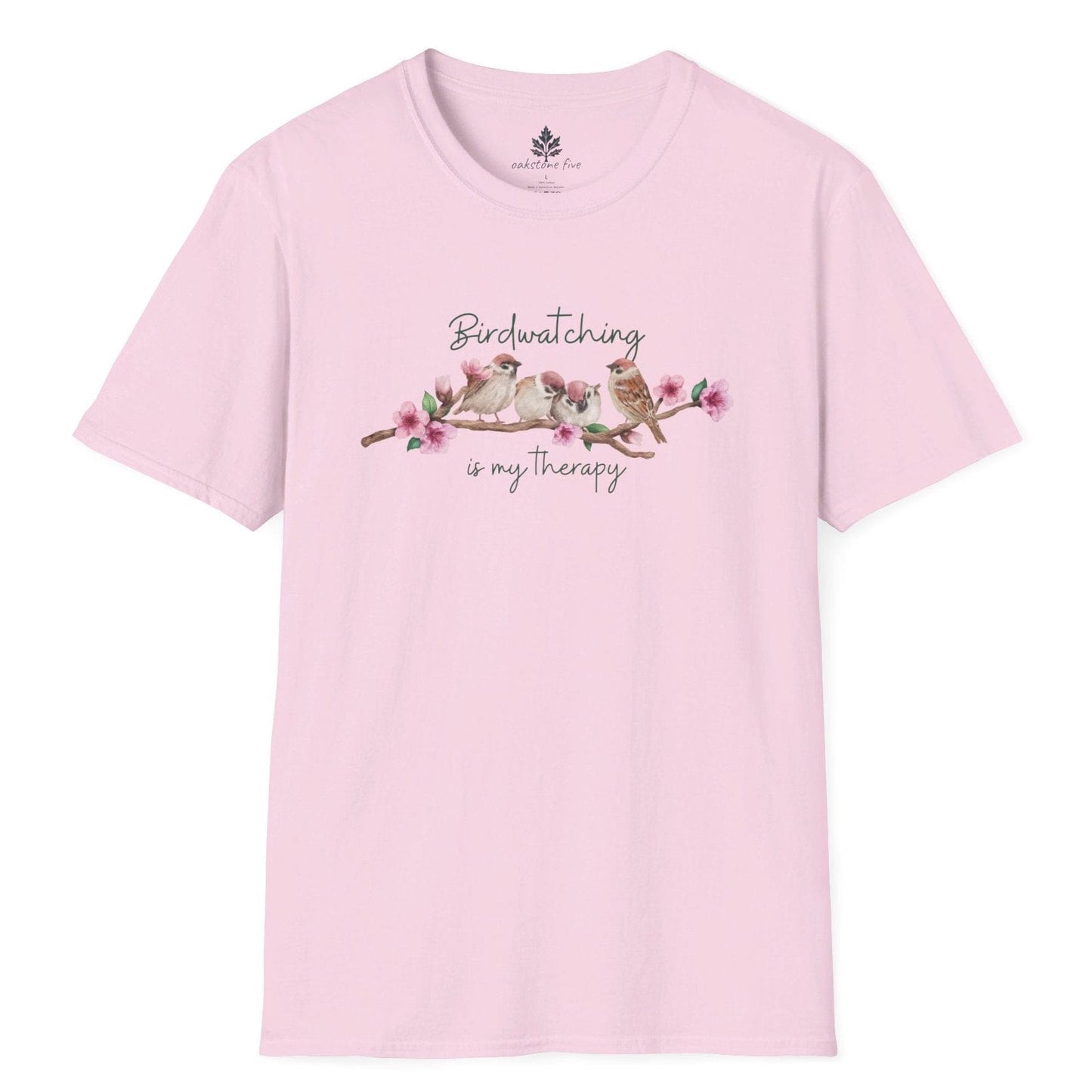 Pink nature t-shirt that says Birdwatching is my therapy