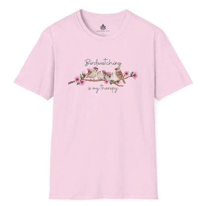 Pink nature t-shirt that says Birdwatching is my therapy