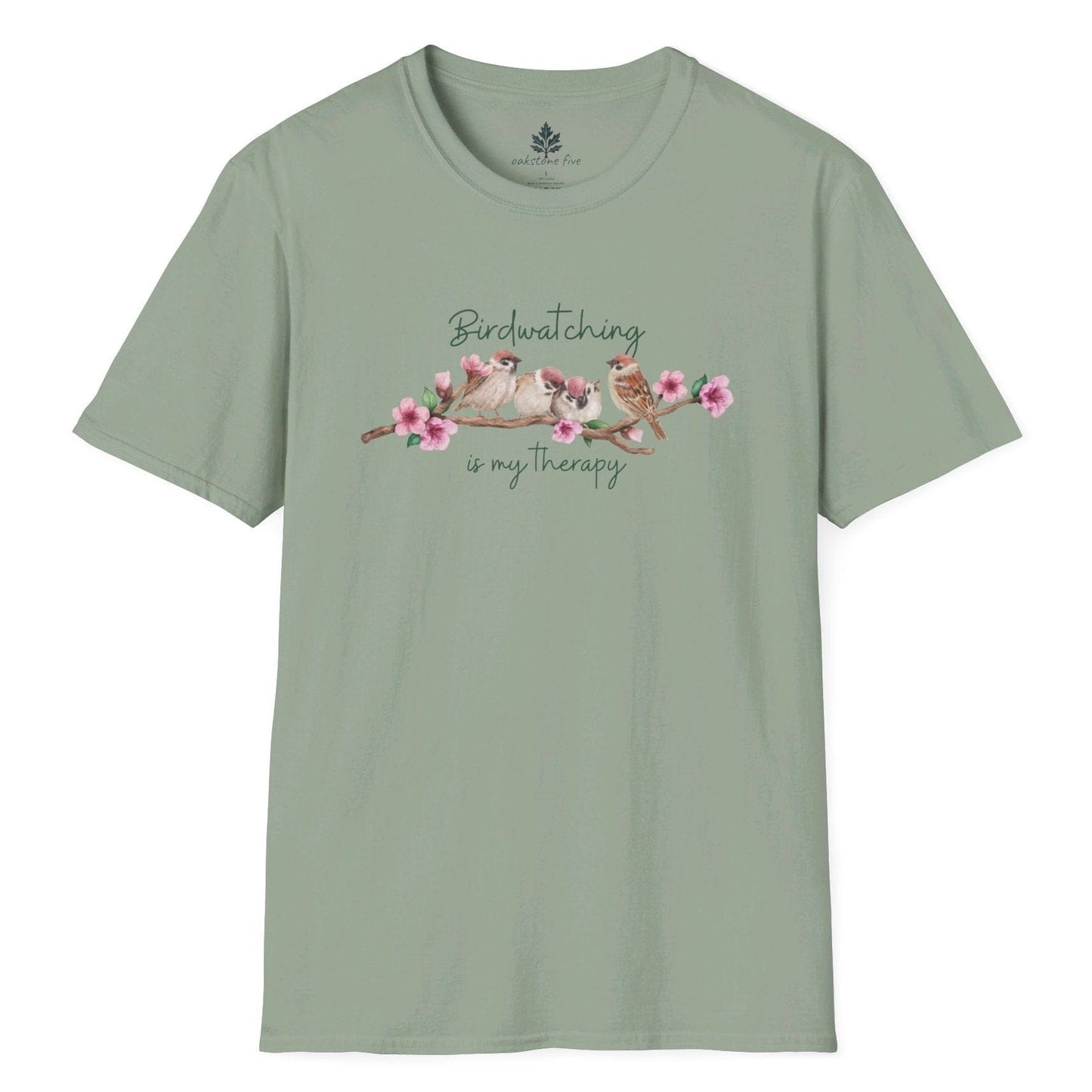 Sage nature t-shirt that says Birdwatching is my therapy