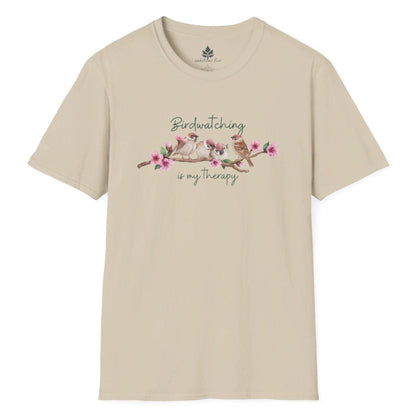 Sand colored nature t-shirt that says Birdwatching is my therapy