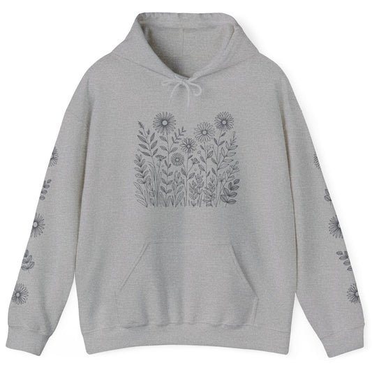 Light Heather grey nature hoodie with wildflowers 