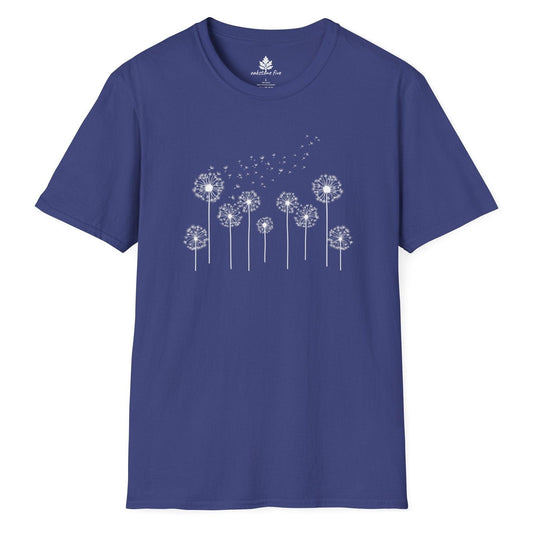 Blue Nature t-shirt that has dandelions and their seeds blowing in the wind