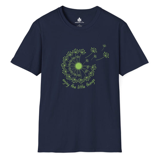 Navy nature t-shirt with dandelion and says enjoy the little things