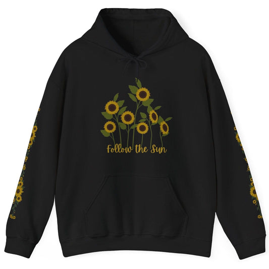 Black Nature hoodie with sunflowers and says Follow the Sun