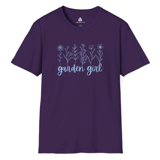 Purple gardening t-shirt that has flowers and says Garden Girl