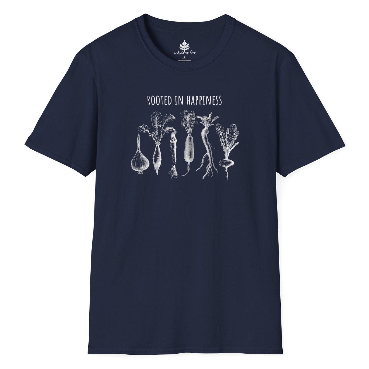 Navy gardening tee shirt with vegetables on it and says Rooted in Happiness