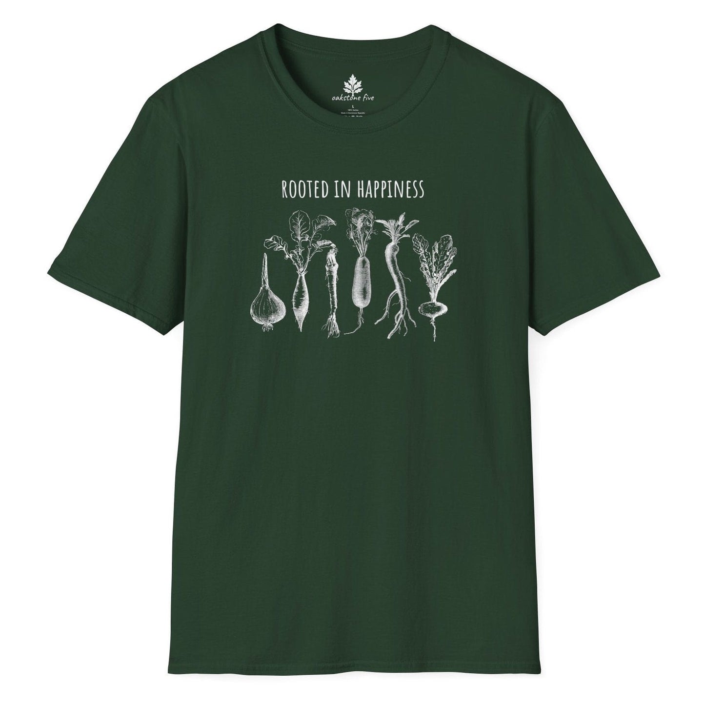 Forest Green gardening tee shirt with vegetables on it and says Rooted in Happiness