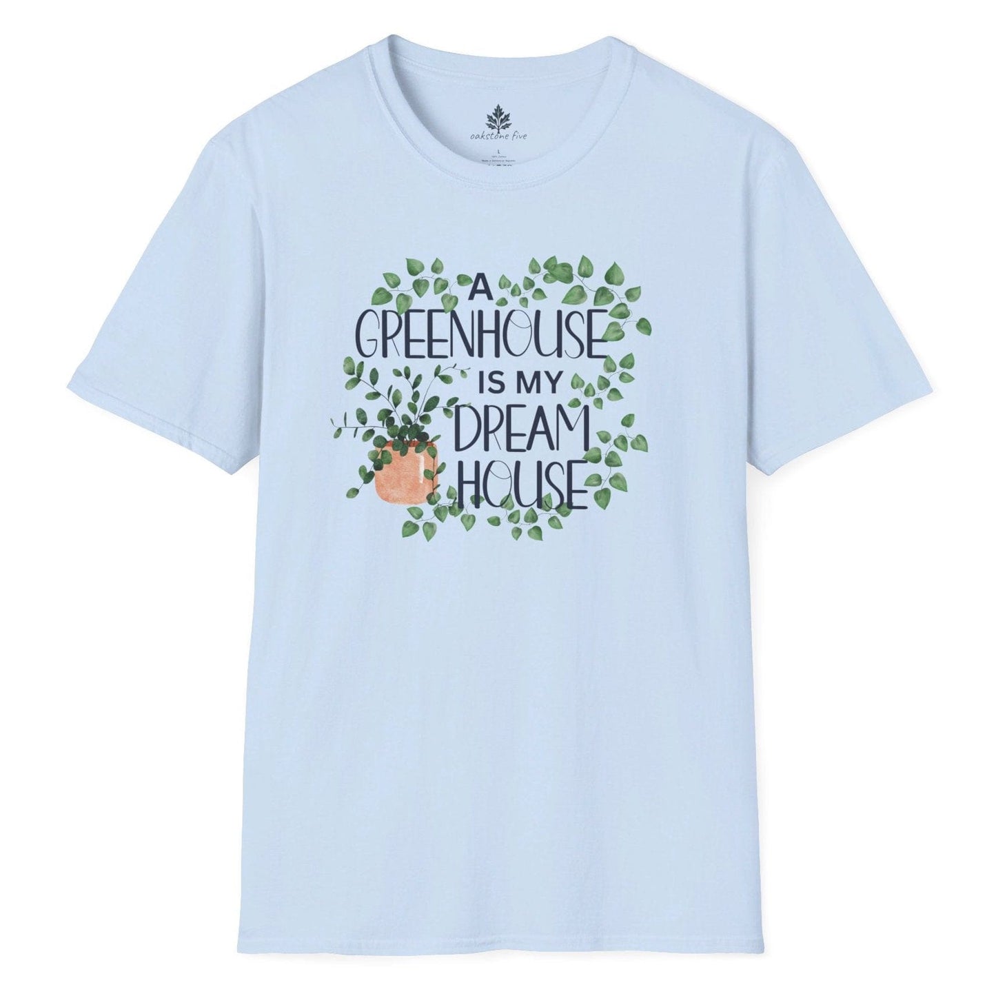 Blue gardening t-shirt for plant lovers and greenhouse enthusiasts