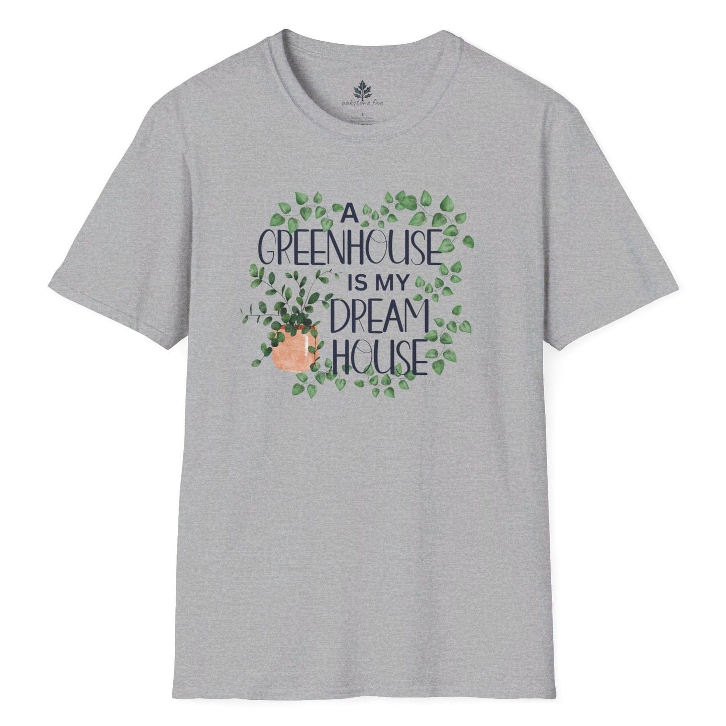 Gray gardening t-shirt for plant lovers and greenhouse enthusiasts