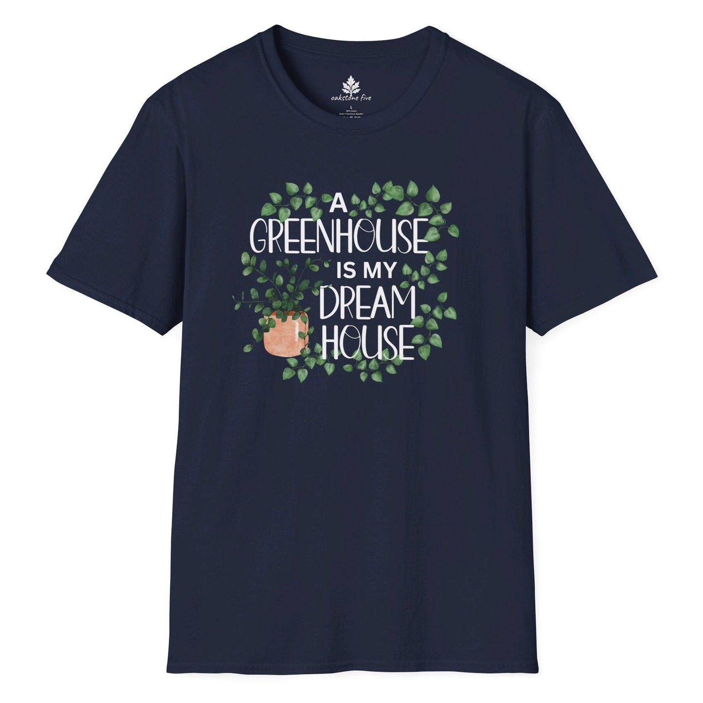 Navy gardening t-shirt for plant lovers and greenhouse enthusiasts