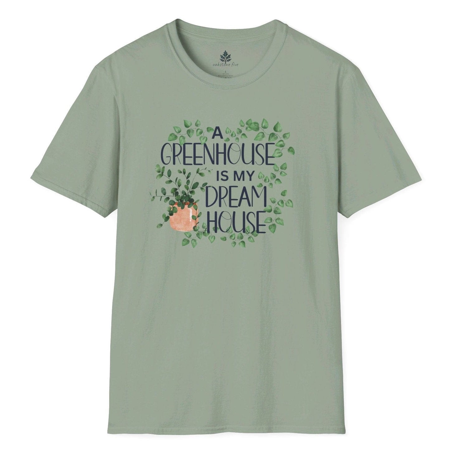 Sage green gardening t-shirt for plant lovers and greenhouse enthusiasts