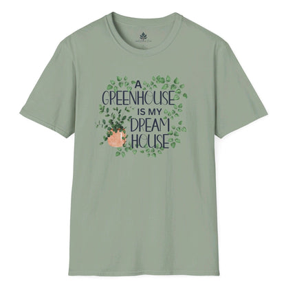 Sage green gardening t-shirt for plant lovers and greenhouse enthusiasts