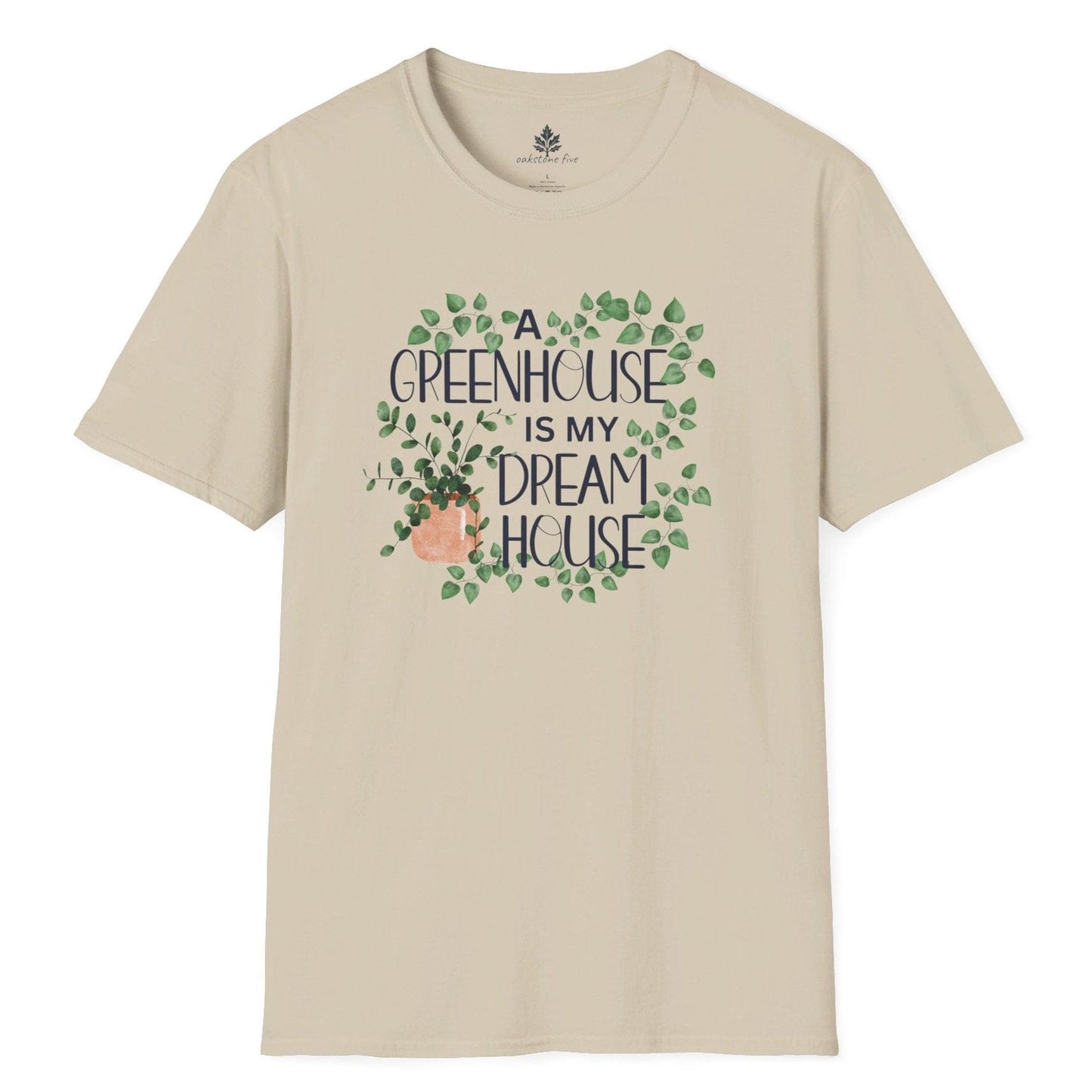 Beige gardening t-shirt for plant lovers and greenhouse enthusiasts