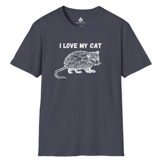 Heather Navy Opossum t-shirt that says I love my cat