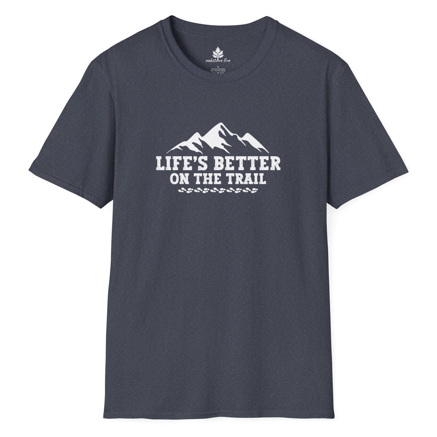 Heather Navy Hiking t-shirt that says Life's Better on the Trail