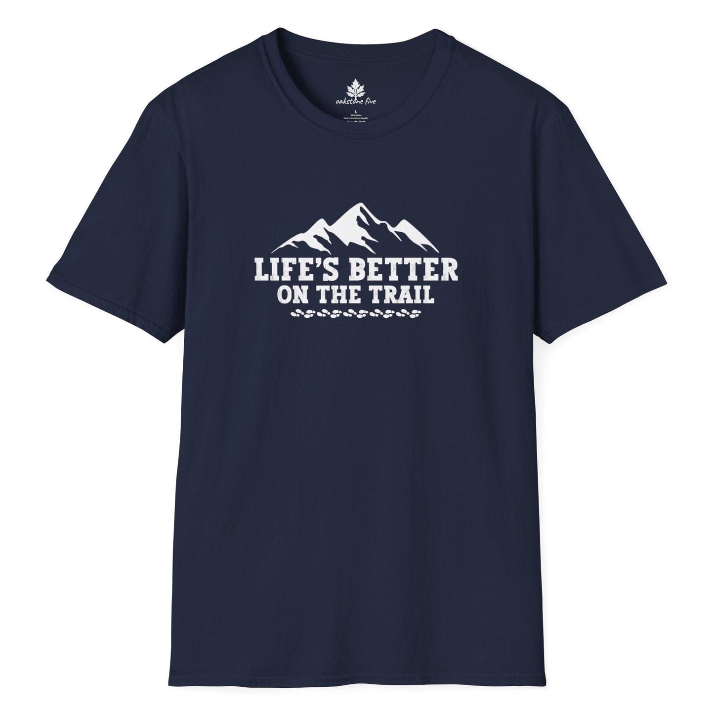 Navy Hiking t-shirt that says Life's Better on the Trail