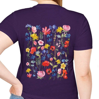 Girl wearing Gardening t-shirt that has lots of colorful flowers back