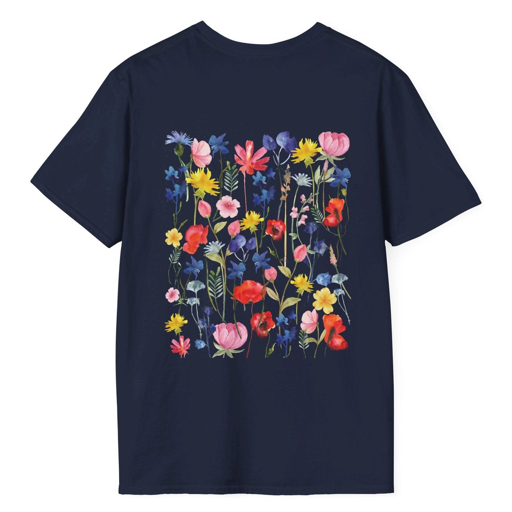 The back of a Navy Gardening t-shirt that has lots of colorful wildflowers