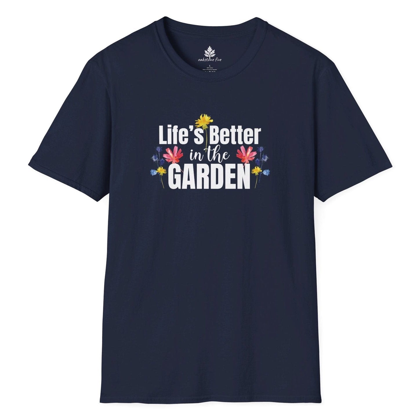 Navy Gardening t-shirt that says Life's Better in the Garden and has lots of colorful flowers back