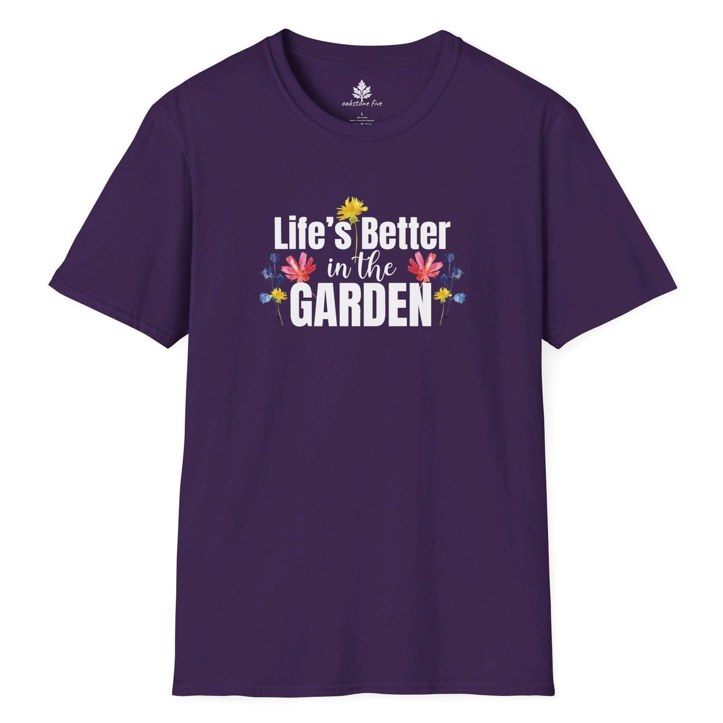 Purple Gardening t-shirt that says Life's Better in the Garden and has lots of colorful flowers back