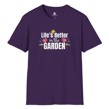 Purple Gardening t-shirt that says Life's Better in the Garden and has lots of colorful flowers back