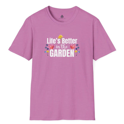 Pink Gardening t-shirt that says Life's Better in the Garden and has lots of colorful flowers back