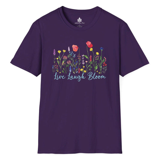 Purple floral gardening t-shirt that has colorful wildflowers and says Live Laugh Bloom