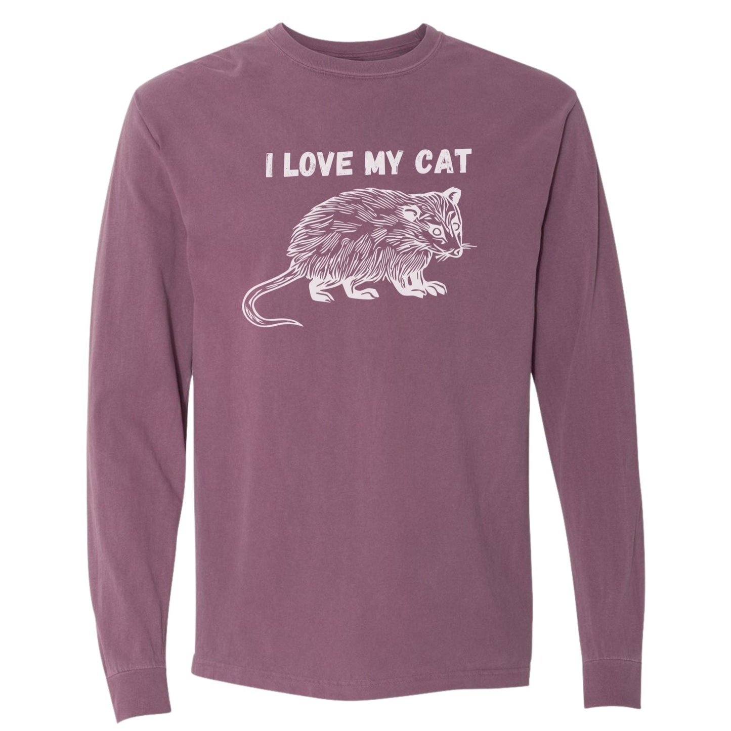 Berry Colored funny possum t-shirt that has a drawing of an opossum and says I love my cat