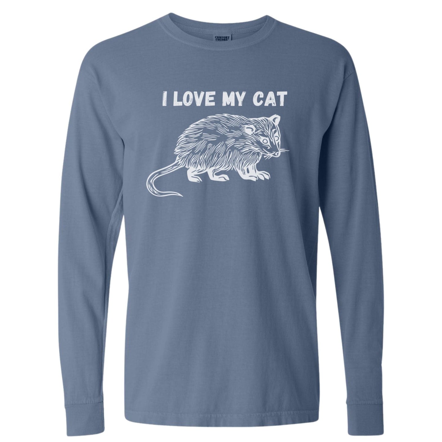 Blue funny possum t-shirt that has a drawing of an opossum and says I love my cat