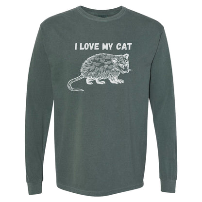 Green funny possum t-shirt that has a drawing of an opossum and says I love my cat