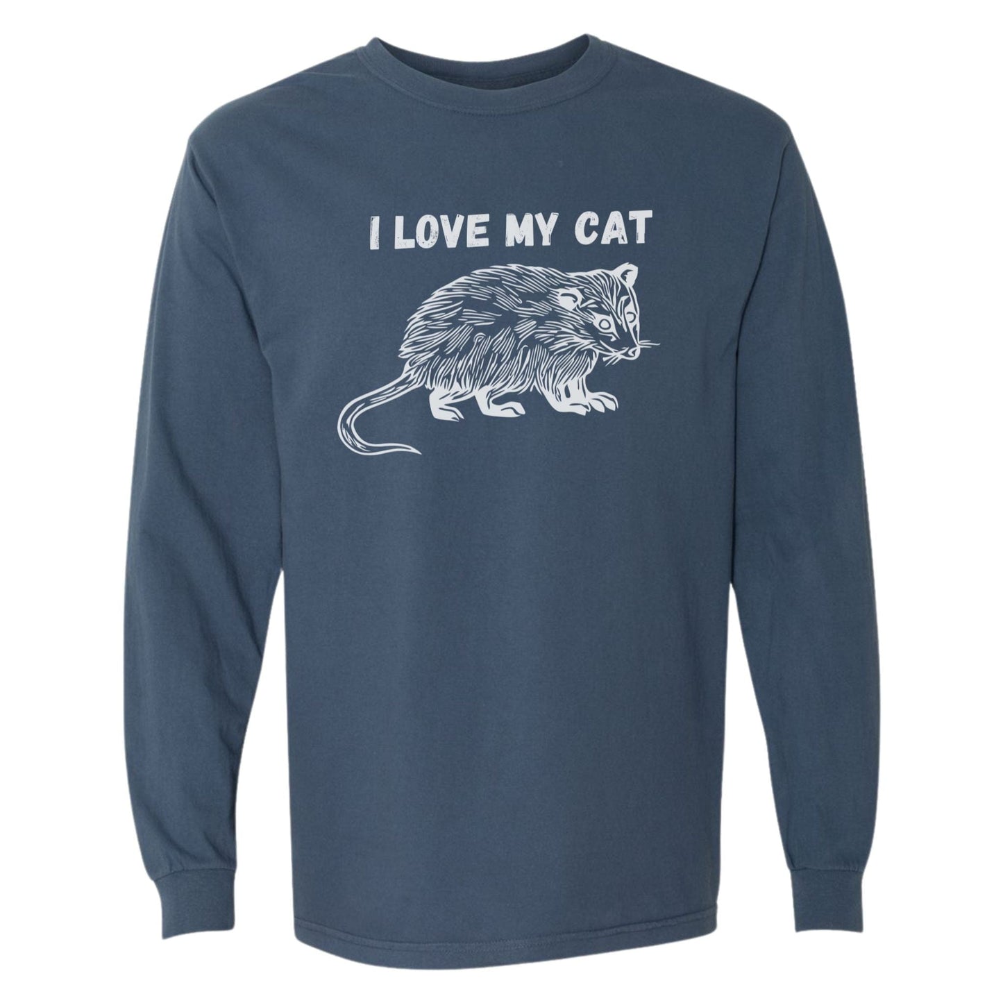 Blue funny possum t-shirt that has a drawing of an opossum and says I love my cat