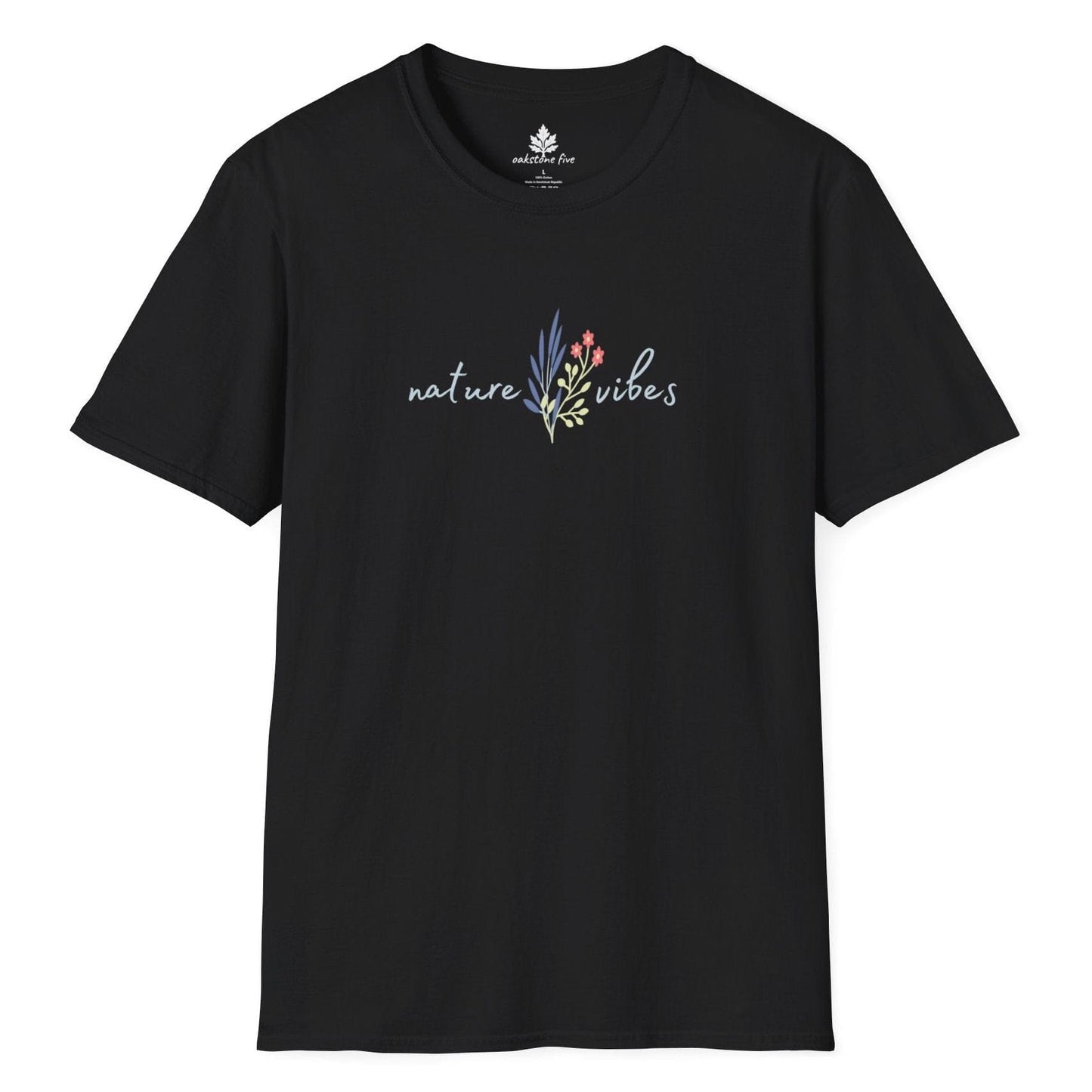 Black floral t-shirt that says Nature Vibes