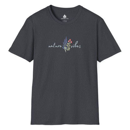 Dark heather floral t-shirt that says Nature Vibes