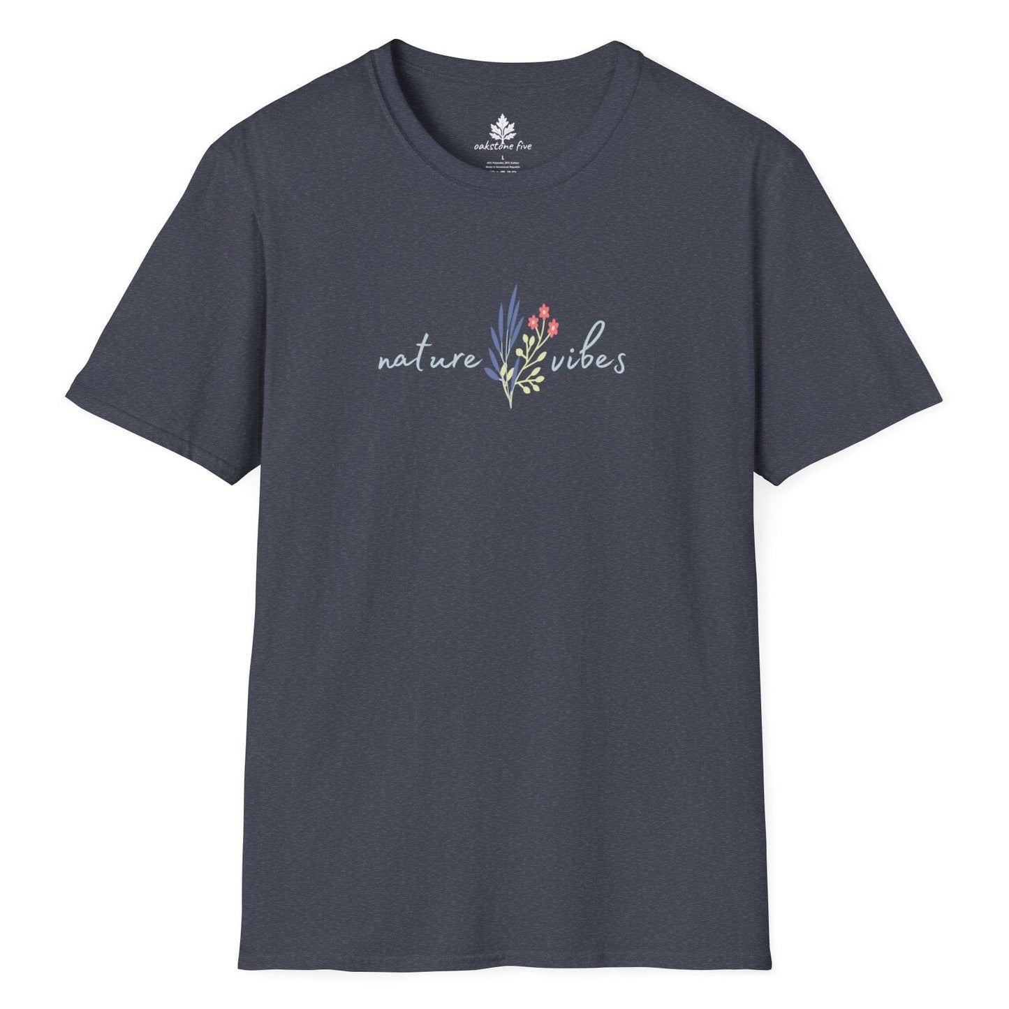 Heather Navy floral t-shirt that says Nature Vibes