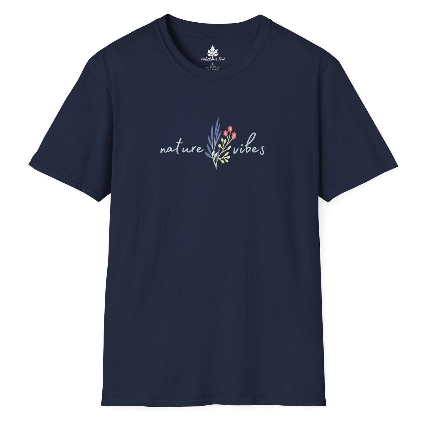 Navy floral t-shirt that says Nature Vibes