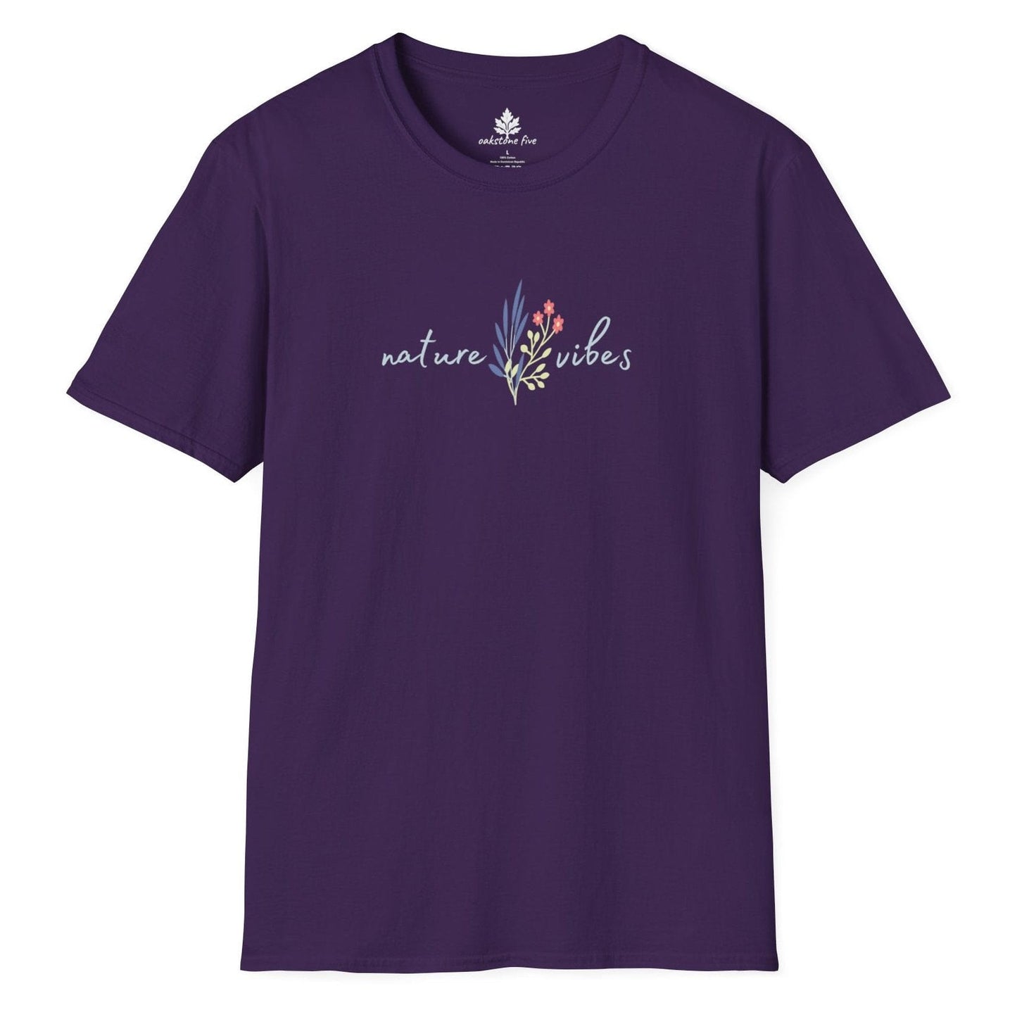 Purple floral t-shirt that says Nature Vibes