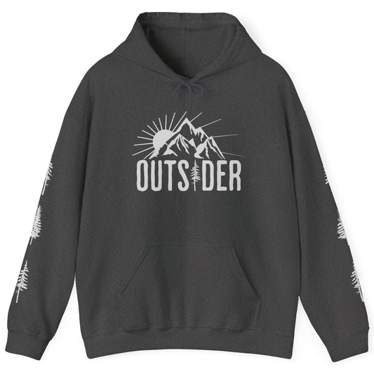 Dark Gray nature lover's  hoodie that says Outsider