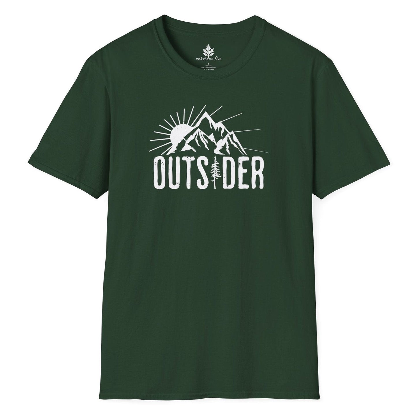 Forest Green nature t-shirt for hikers  that says Outsider