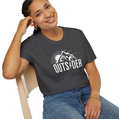 Girl wearing a heather grey nature t-shirt for hikers  that says Outsider