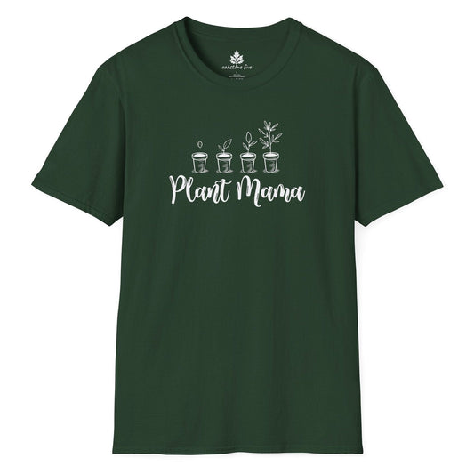 Forest Green tee shirt that has potted plants on it and says Plant Mama