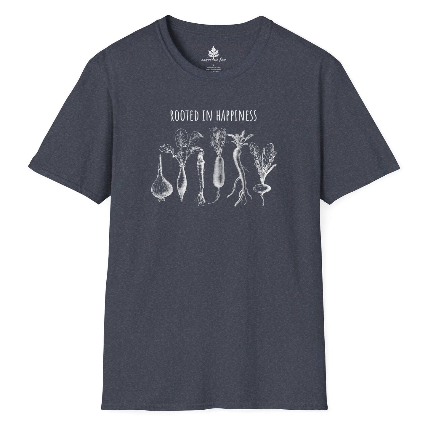 Heather Navy gardening tee shirt with vegetables on it and says Rooted in Happiness